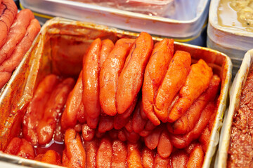 salted pollack roe on display at the market