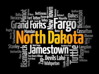 List of cities in North Dakota USA state, word cloud concept background