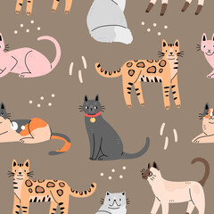 Seamless pattern with cute cats on a brown background. Background with animals. Vector illustration.
