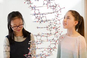 Girl students examining hanging molecular structure