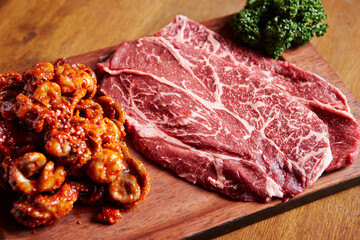 Raw Meat and Seasoned Raw webfoot octopus