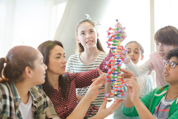 Female teacher and students examining DNA model in classroom
