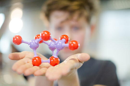 Curious boy examining molecule model in laboratory classroom