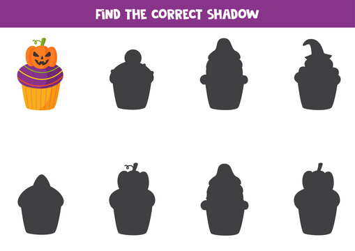 Find right shadow of Halloween cupcake. Educational game for kids.