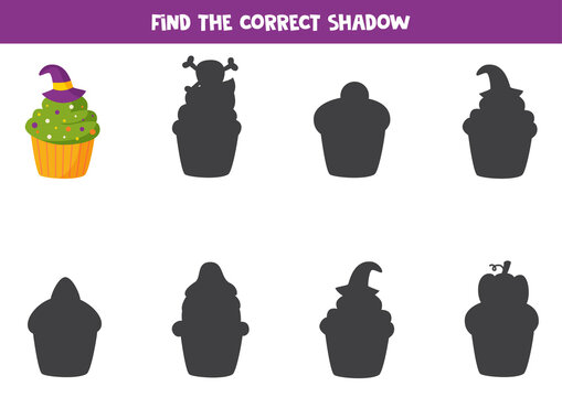 Find the correct shadow of Halloween muffin. Logical puzzle for kids.