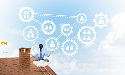 Concept of security and privacy protection with camera headed man meditating