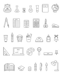 Black and white set of cute colorful kawaii school supplies.