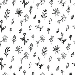 Seamless vector pattern with flowers in black on transparent isolated background.Botanical and garden print background hand drawn.Designs for textiles,wrapping paper,fabric,packaging,scrapbook paper.