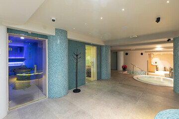Hotel wellness center interior with mosaic tiles
