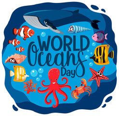 World Ocean Day banner with many different sea animals