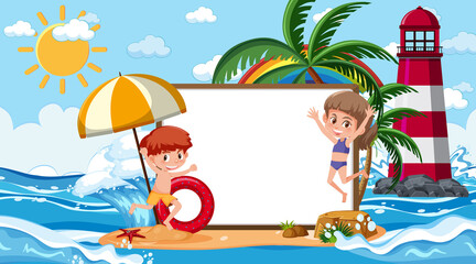 Obraz na płótnie Canvas Empty banner template with kids on vacation at the beach daytime scene