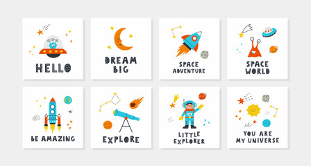 Children cards set with cute space and with lettering. Rocket, planets, stars, child, telescope, sun, aliens. Perfect for nursery posters. Vector hand drawn illustrations. © Yuliya Lins