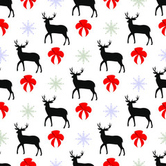 New year seamless vector pattern. Christmas festive red bows, multicolored snowflakes and dark deer on a white isolated background. Christmas background. 