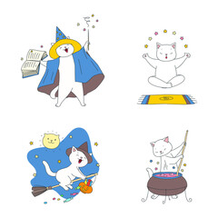 Collection of cute wizard kitties. Illustration of funny white cats casting a spell, flying on a broom, making magic potion and levitating in yoga lotus asana. Vector 10 EPS.
