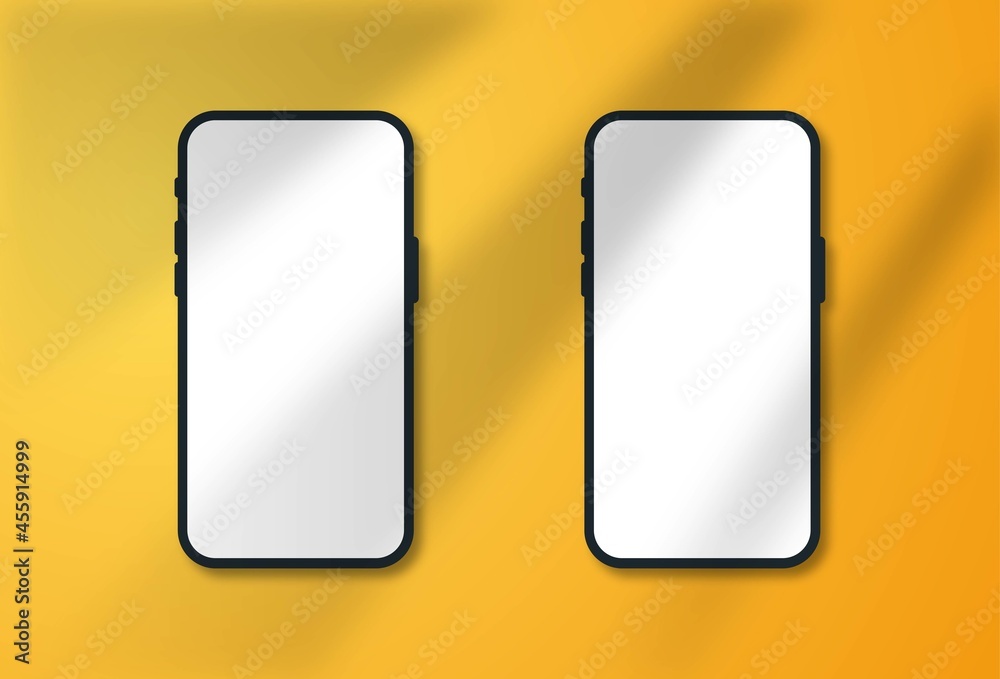 Poster realistic template mock up of two isolated smartphones for ui ux design template. mobile application