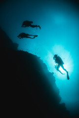 Scuba diver silhouettes swimming around coral reef in clear blue ocean
