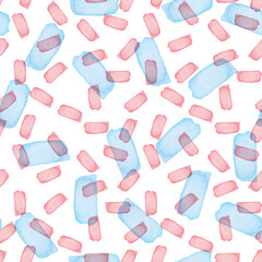 Paintbrush Stroke Blot Seamless Watercolor Pattern. Abstract watercolour shapes in Pink and Blue Color. Light Design for Teen Kid and School Clothes