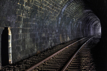 Fototapeta na wymiar Light at the end of a dark tunnel with train rail tracks