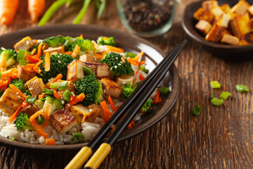 Tofu with rice and vegetables. Served on brown plate.