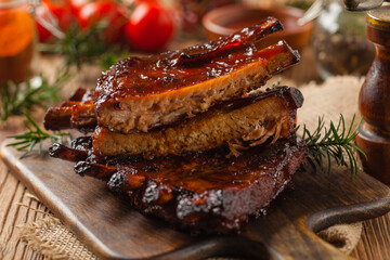 Roasted pork ribs in a bbq sauce. Served on a wooden board. Front view.