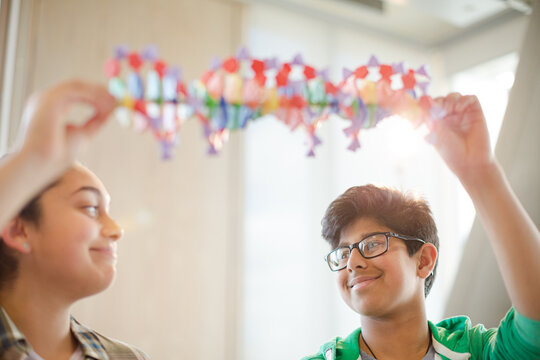 Students examining DNA model in classroom laboratory