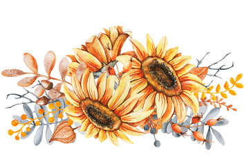 Sunflower flowers and fall leaves bouquet. Thanksgiving and Halloween design template. Hello autumn illustration. Harvest festival. Hand drawn watercolor illustration isolated on white background