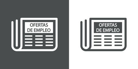 Logotipo con texto OFERTAS DE EMPLEO en español con silueta de periódico con lineas en fondo gris y fondo blanco