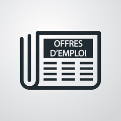 Logotipo con texto OFFRES D'EMPLOI en francés con silueta de periódico con lineas en fondo gris