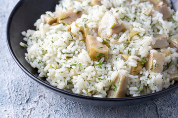 Traditional delicious Turkish foods; Artichoke rice (Turkish name; Enginarli pirinc pilavi)