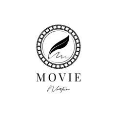 movie writer cinema film production with filmstrip and quill feather pen logo design