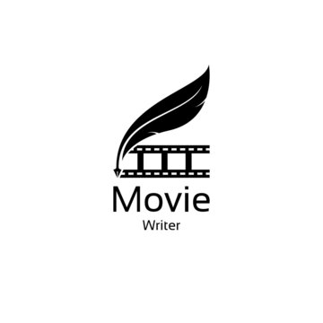 movie writer cinema film production with filmstrip and quill feather pen logo design