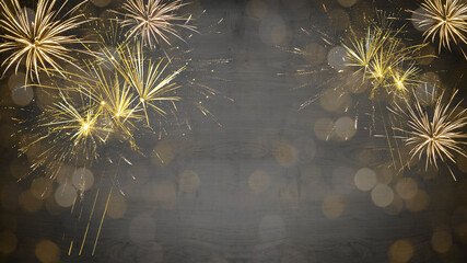 Happy new Year Party, festive background - Golden yellow firework on black wooden texture, with...
