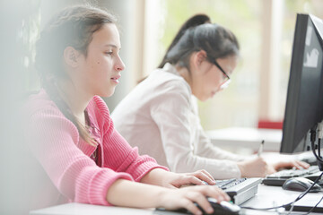 Girl students working at computer in library