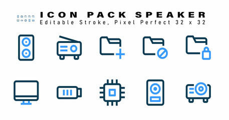Icon Set of Speaker Two Color Icons. Contains such Icons as Archive,  Computer, Battery Charger, Processor Cpu etc. Editable Stroke. 32 x 32 Pixel Perfect