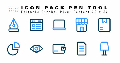 Icon Set of Pen Tool Two Color Icons. Contains such Icons as Package,  Pie Chart, View, Purse etc. Editable Stroke. 32 x 32 Pixel Perfect