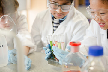 Students conducting scientific experiment in laboratory classroom