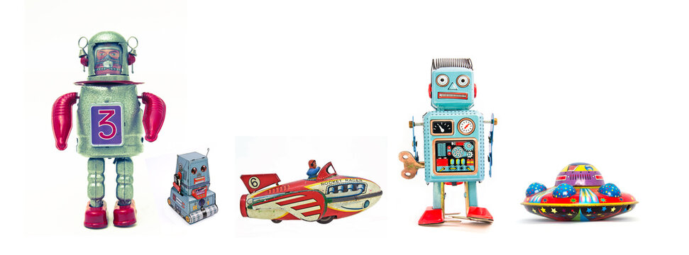 retro isolated toys robot rocket and UFO