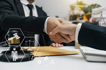 Concepts of Law and Legal services. Lawyer working with law interface icons. Blurred background.