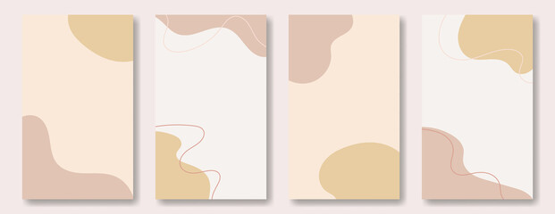 Set of abstract, simple, flat backgrounds for social media posting. Minimalist vector templates in beige tones, flowing shapes and lines, place for text