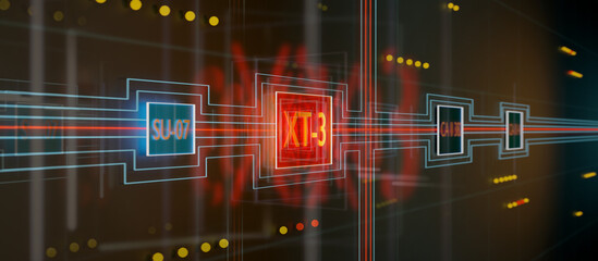 Node tree, switch board in industry or science. Digital binary tree with nodes, blocks and switches and connection between them. Focus is on the red and blue switching circuit. 3D illustration.