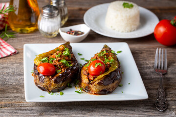 Traditional delicious Turkish food; Meat and Eggplant dish, (Turkish name; Karniyarik)