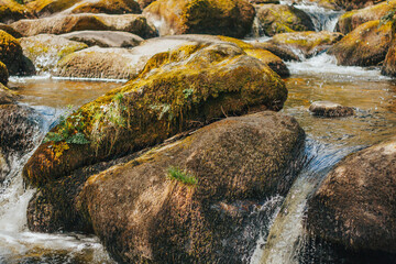 waterfall and moss covered rocks in the Devon forest