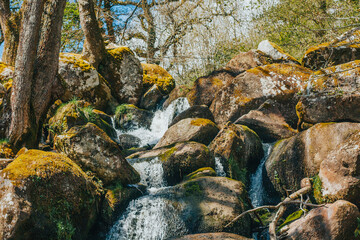 waterfall and rocks in the Devon forest UK