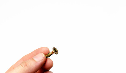 Screw. Self-tapping screw. On white background. In hand.