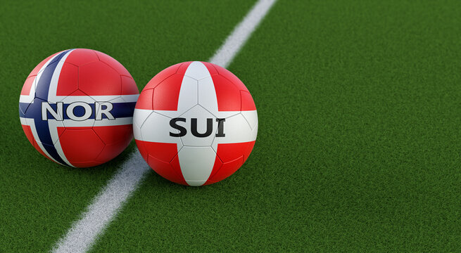 Switzerland vs. Norway Soccer Match - Leather balls in Switzerland and Norway national colors. 3D Rendering