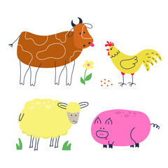 Set of hand drawn animals, cow, cock, sheep, pig. Doodle design.