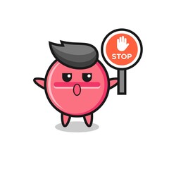 medicine tablet character illustration holding a stop sign