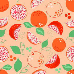 Seamless pattern of hand drawn grapefruits, oranges with leaves. Flat illustration.