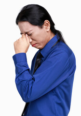 Isolated studio shot of Asian unhappy stress depress upset worry angry panic sad confuse businessman employee officer staff standing holding hands on head got headache problem on white background