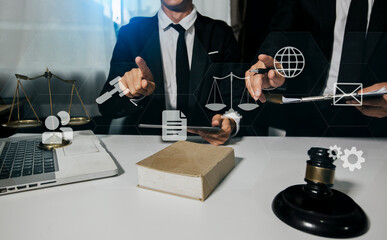 Concepts of Law and Legal services. Lawyer working with law interface icons. Blurred background.	